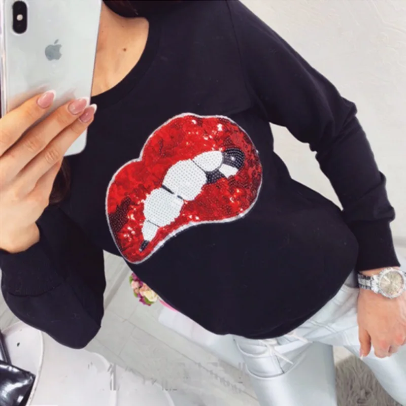 Женский свитшот с блестками милый длинным рукавом красными губами белым черным