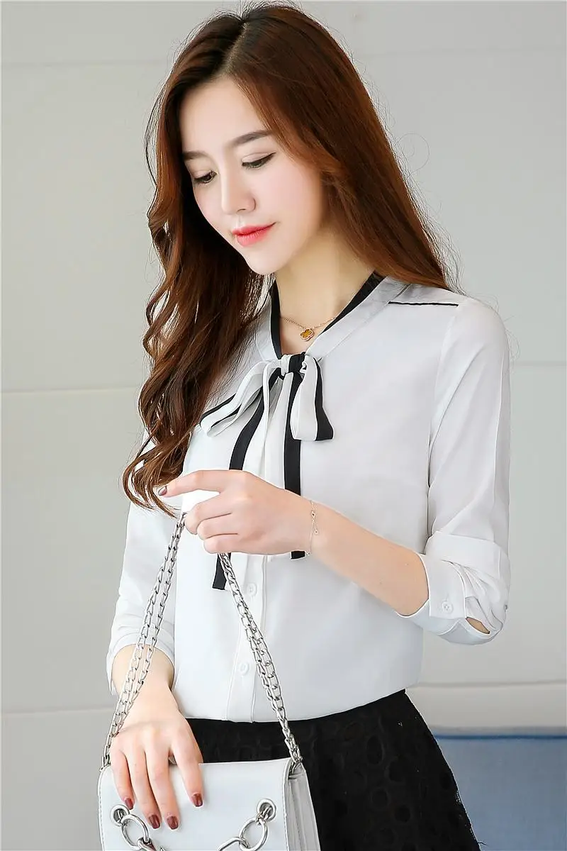 

New Long Sleeve Blouse Splicing Simplicity V-neck Bow Chiffon Top Loose Fashion Blouses Comfortable Casual Shirt