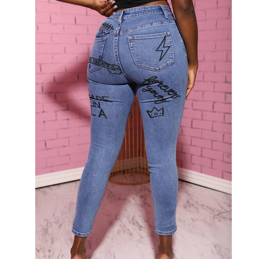 

Stylish Print Pencil Pants Skinny Mid Waist Slim Fits Denim Trousers For Women JL