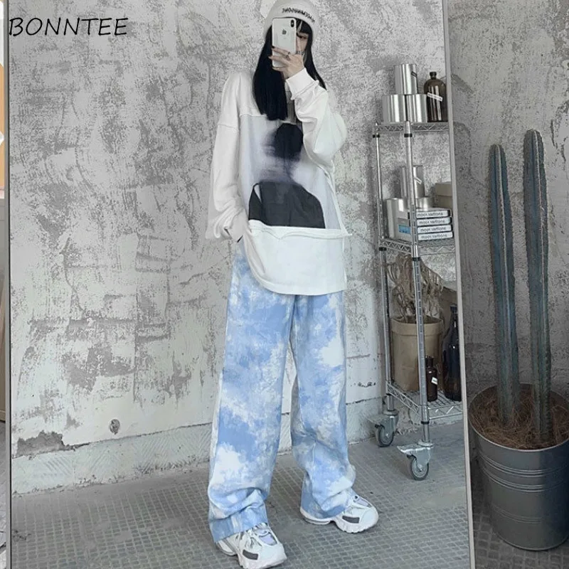 

Casual Pants Women Hip Hop Full Length Elastic Waist Tie Dye Wide Leg Harajuku Cool Girl Blue Ins Boyfriend Spring Daily Fashion