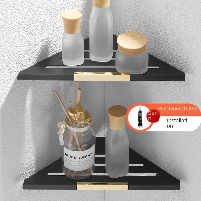 

Punch-free Stainless Steel Bathroom Shelf 2 Layer Corner Frame Bathroom Triangle Basket Brushed Silver Bahtroom Accessories Set