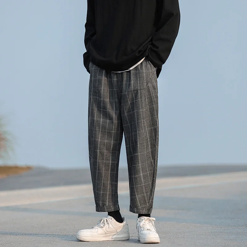 

2020 Summer New Casual Pants Men Vintage Plaid Cotton Trousers Ankle Length Cuffs Washed Drawstring Checkered Harem Pants Male