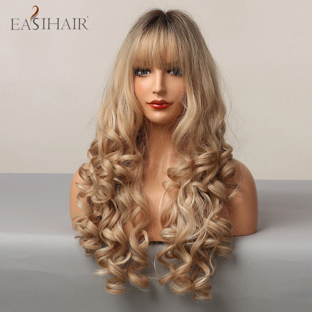 EASIHAIR Ombre Brown Champagne Blonde Highlight Long Loose Wave Synthetic Hair Wigs with Bang Heat Resistant Fake Hair for Women