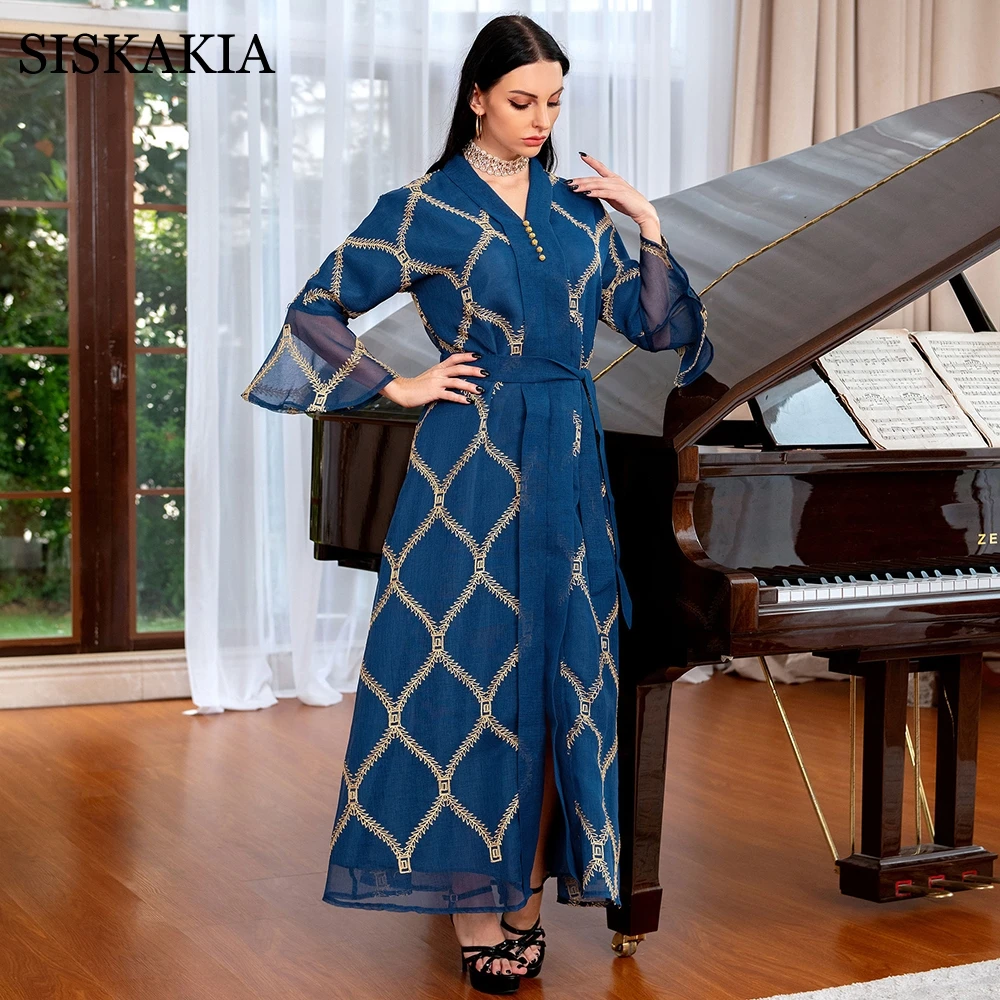 

Сетчатое платье с золотой нитью и вышивкой Abaya для женщин Eid Mubarak скромный мусульманский Дубай марокканский Caftan Турецкий Арабский Оман Jalabiya