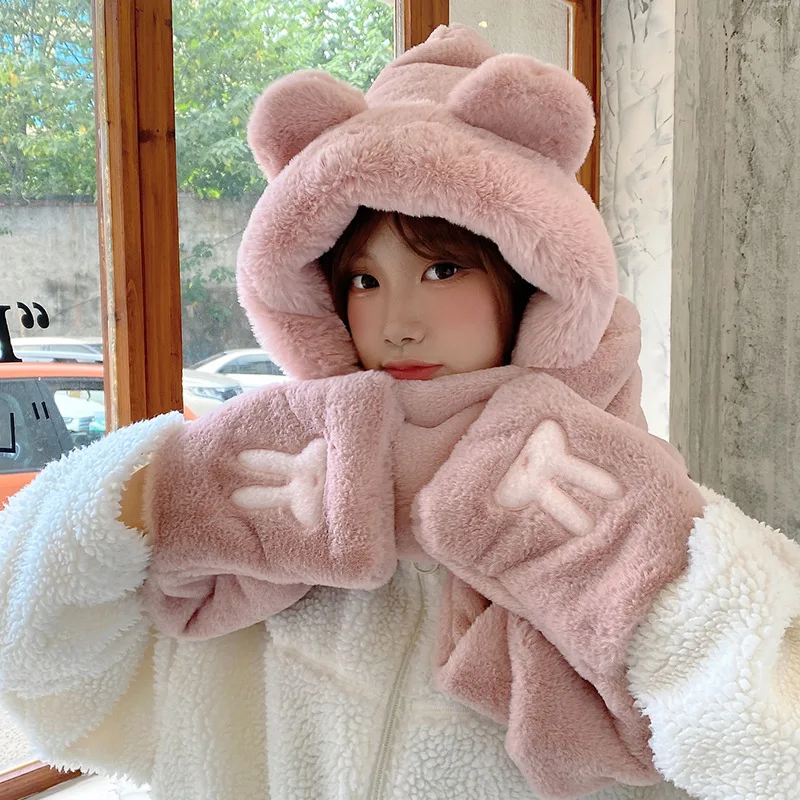 

Осенне-зимняя универсальная Милая шапка и шарф с медведем цельный женский зимний теплый шарф и перчатки для езды на велосипеде набор из тре...