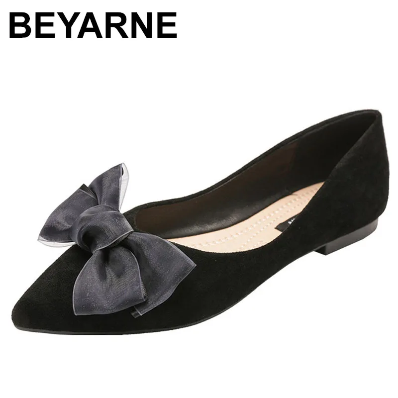 

BEYARNE high quality suede flat shoes woman lace bow knot ballet flats new spring shallow mouth OL shoes 41 42 big size loafers