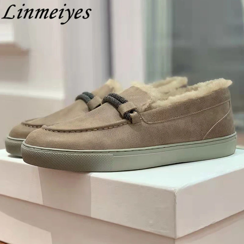 

Winter Shoes Women Round Toe Casual Comfort Loafers Woman Chain Decoration Wool Warm Flat Walking Shoes Women Zapatos De Mujer