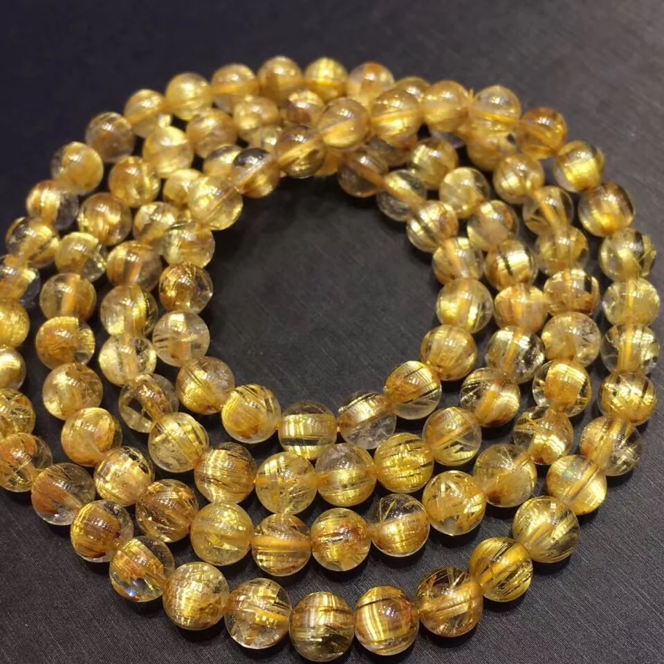 

7mm Natural Gold Rutilated Quartz Bracelet Jewelry For Woman Man Crystal Titanium 3 Laps Round Beads Stretch AAAAA Certificate