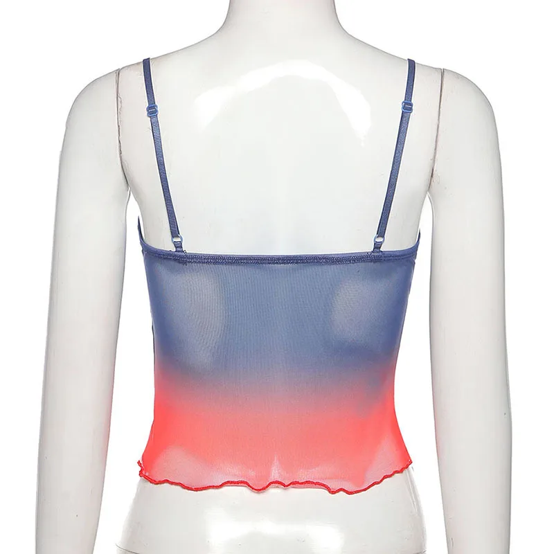 

ALLNeon 2000s Streetwear Tie Dye Mesh Crop Top Y2K Aesthetics Lace Trim V-neck Ruffles Camis Sexy Transparents Backless Top 2021