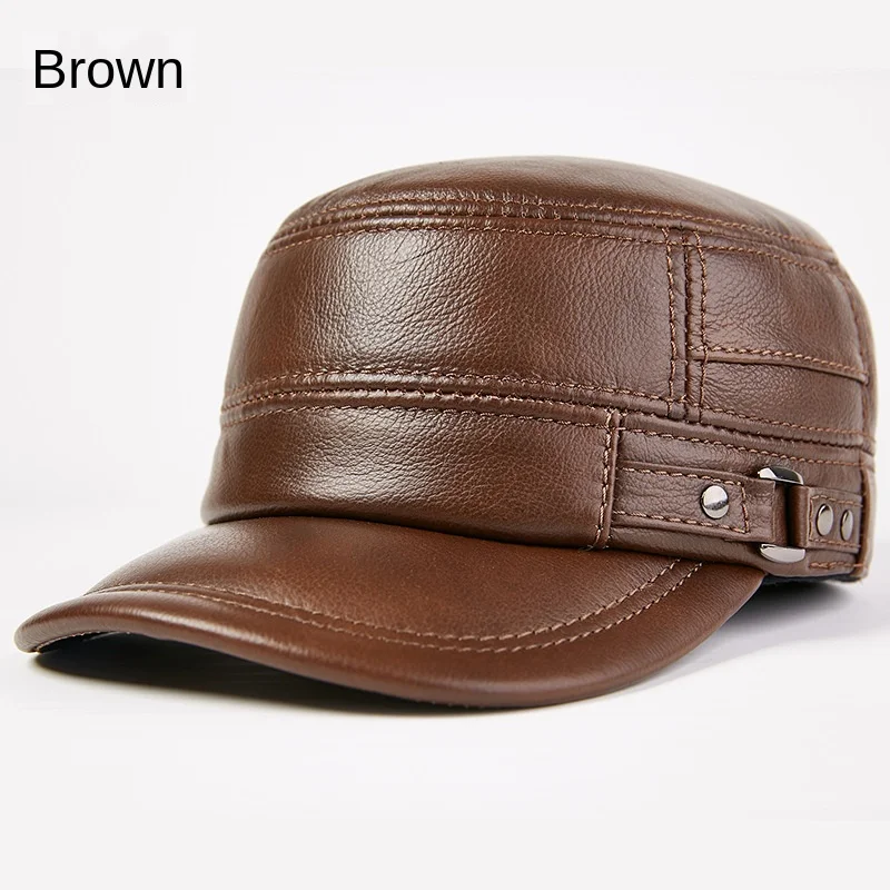

2019 Cow Leather Hat for Both Men And Women Autumn & Winter Korean-style Cowhide Flat Cap Military Cap Cotton Cap Warm Brim Hat