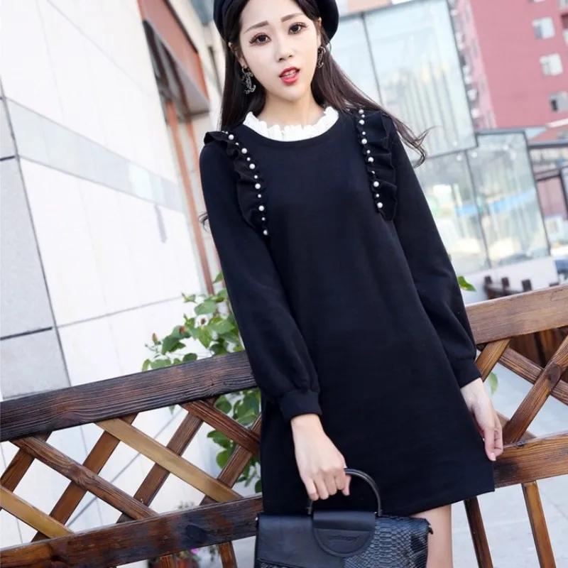 

Fashion Patchwork Sweet Ruffle Knitting Dress Women Pullover O Neck Loose Fit A Line Dress Autumn Lady Long Sleeve Short Dresses