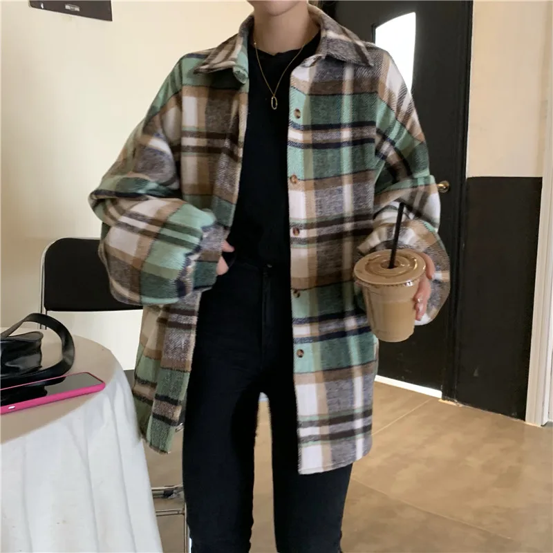 Корейская клетчатая рубашка женская одежда Harajuku однобортная Осенняя рубашка с длинными рукавами женская рубашка большого размера с отворотом Женская