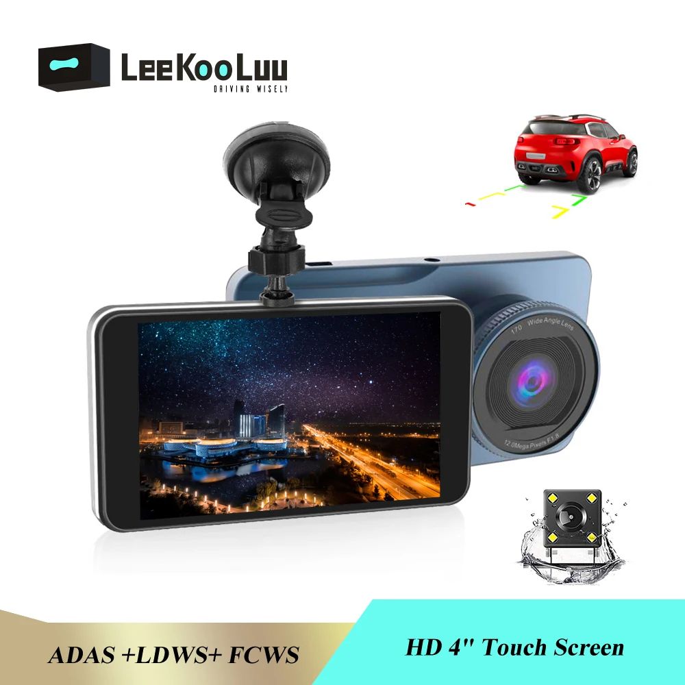 Автомобильный видеорегистратор LeeKooLuu камера HD 4 дюйма сенсорный экран 1080P двойной