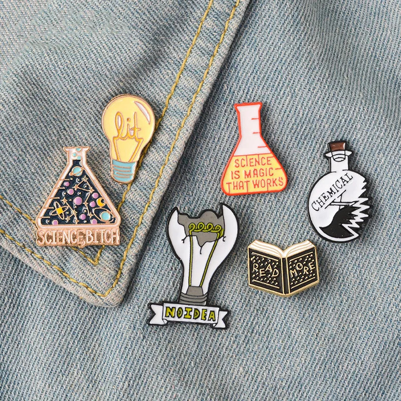 

Science enamel pin Light bulb No Idea Chemical Beaker badge brooch Lapel Denim Jeans shirt bag Cartoon Jewelry Gift