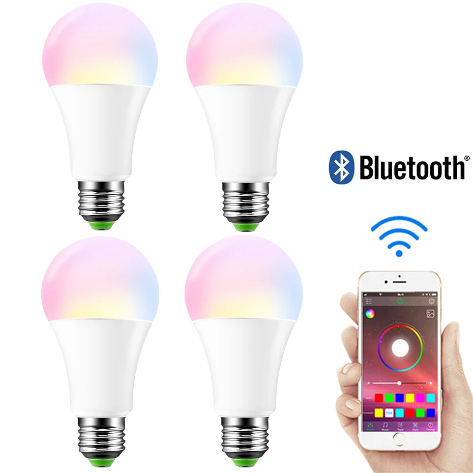 

Умные Светодиодные лампы E27, умная лампа с изменением цвета, с поддержкой Bluetooth, 20 режимов работы, с регулируемой яркостью, для дома, IOS /Android