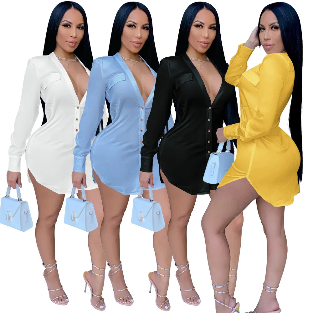 

2021 Autumn Women Solid V-neck Single Breasted Mini Dress Sexy Slim Club Night Dresses