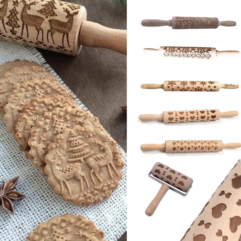 

Christmas Wood Carved Embossed Rolling Pin DIY Baking Cookies Biscuit Fondant Dough Baking Engraved Printed Roller Bakeware