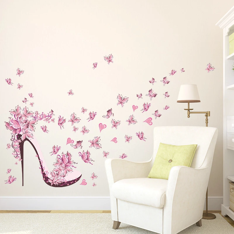 Creative High-heeled Shoes Butterflies Flower Wall Art Stickers For Girls Bedroom Decorative Stickers Diy Home Decor
