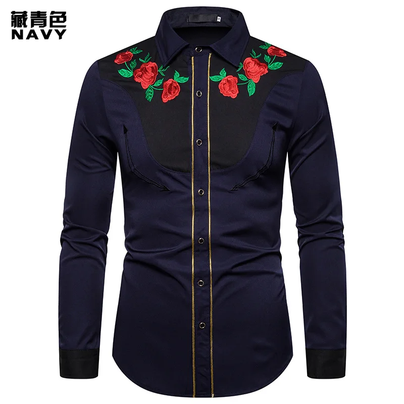 Мужская рубашка Camisa Masculina, модная, стильная, с вышивкой, рубашка с длинными рукавами с вышитыми розами в американском западном стиле