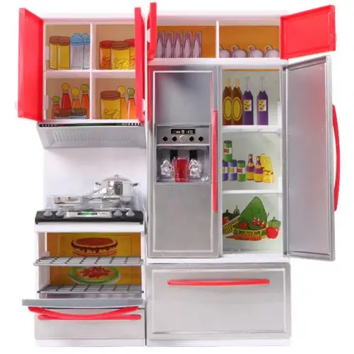 Красный Mini Doll House Furniture LED Music Stove Fridge Kids Pretend Play Cooking Toy Funny Educational Toys Gift for children birthday - Цвет: Красный