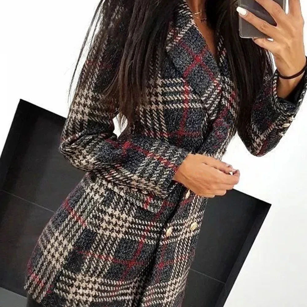 Клетчатое длинное пальто модное женское двубортное зимнее элегантное тонкое