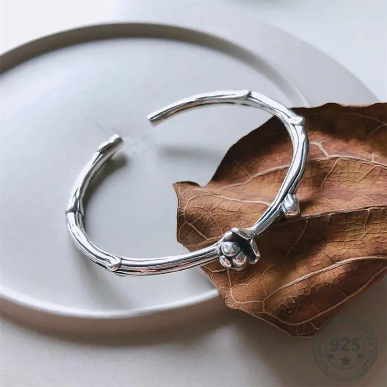 LouLeur, 925 пробы, Серебряная роза, браслеты, винтажные, элегантные, цветок, браслеты, открытые, браслеты для женщин, модное ювелирное изделие, подарки на день рождения - Цвет камня: Серебристый