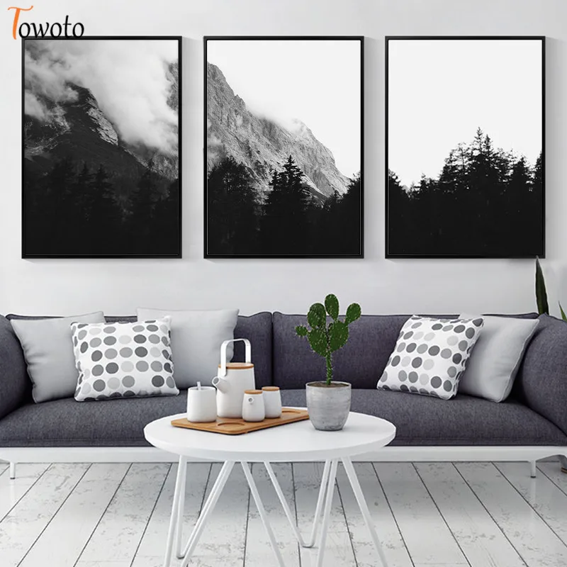 Настенный плакат с изображением черно белого леса Настенная картина туманных