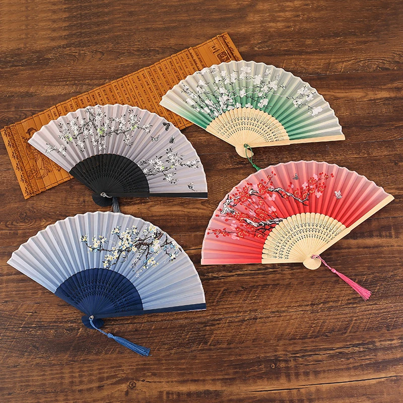 

Silk Chinese Fan Folding Hand Held Flower Printed Fan Vintage Retro Style Hollow Carved Decoration Crafts