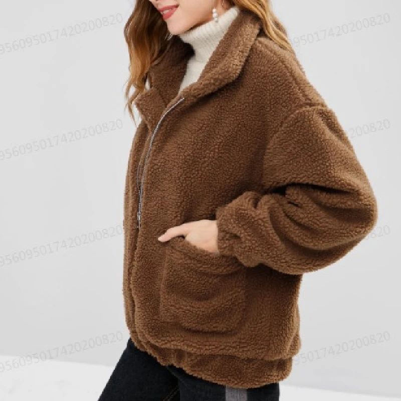 ZAFUL Zip Up Fluffy Winter Coat Fashion Women Lamb Wool Loose Jacket Pocket Soft Sherpa Autumn Ladies Tops |