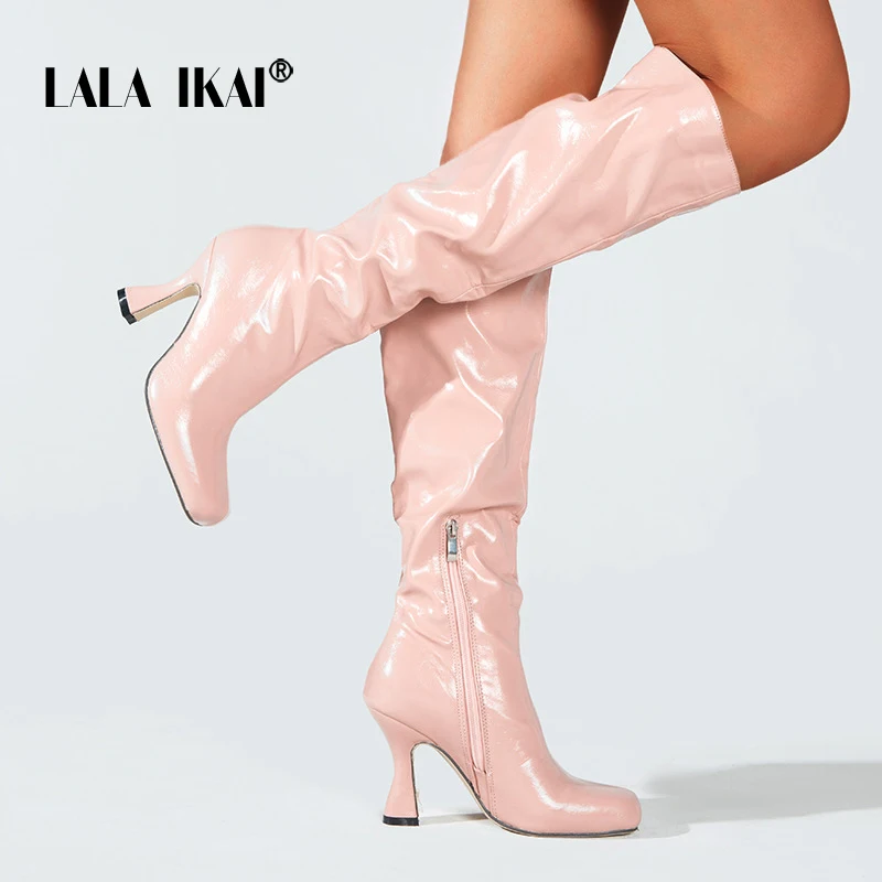 

LALA IKAI-зимние женские длинные сапоги с квадратным носком из искусственной кожи, открытые высокие сапоги на молнии, на высоком каблуке-шпильк...