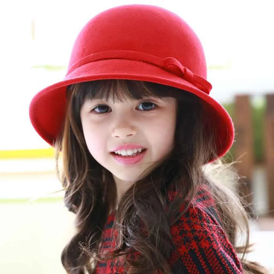Vintage Parent-child Winter Women Solid Wool Felt Cloche Hats Kids Fedoras Bow Bucket Hats Warm Bowler Hats For Mom& Baby