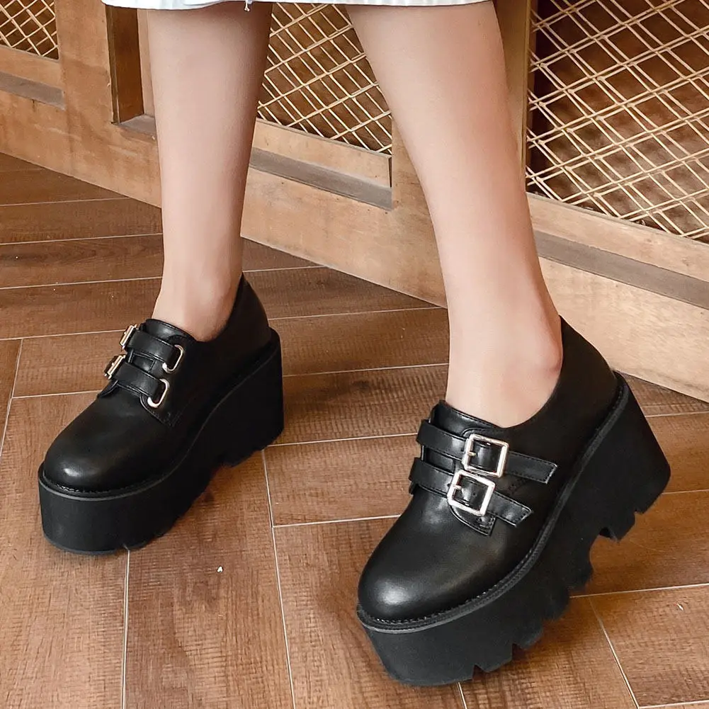 

Женские туфли-лодочки с пряжкой, черные повседневные туфли на платформе и блочном высоком каблуке, в готическом стиле, Лолита, 2021