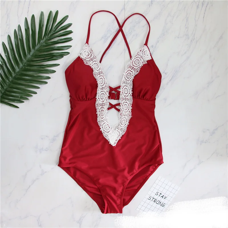 Сексуальный цельный купальник со шнуровкой женский с глубоким v-образным вырезом