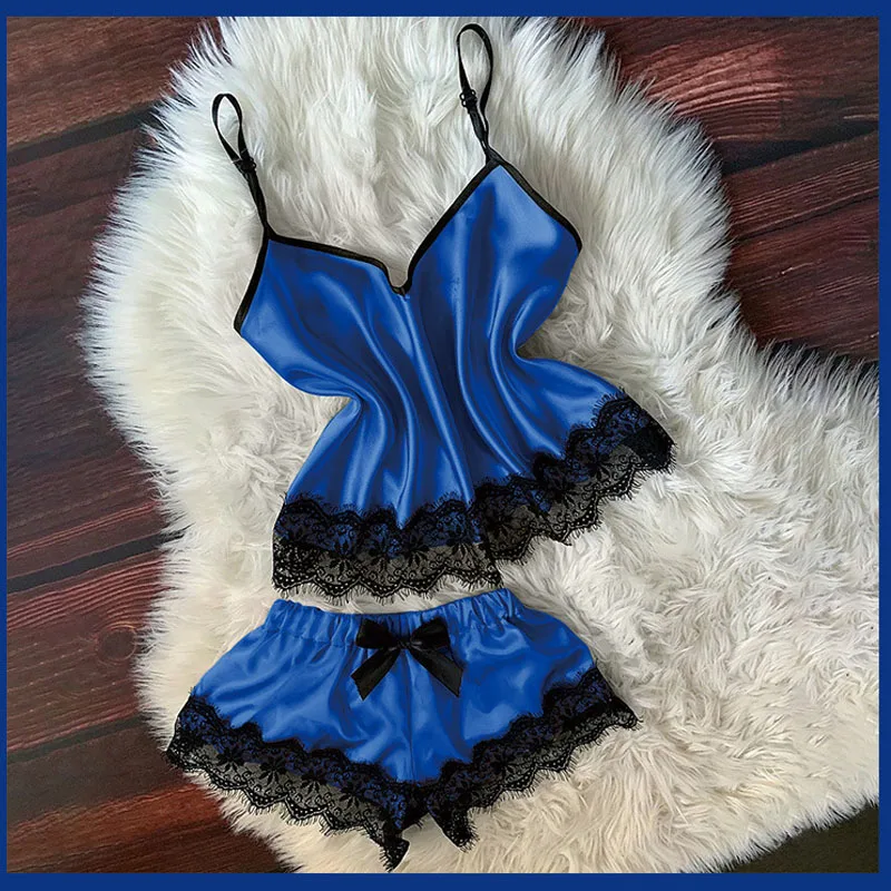 

Женская пижама для сна и отдыха, сексуальная шелковая атласная летняя Пижама, модное свободное кружевное Европейское и американское атласн...