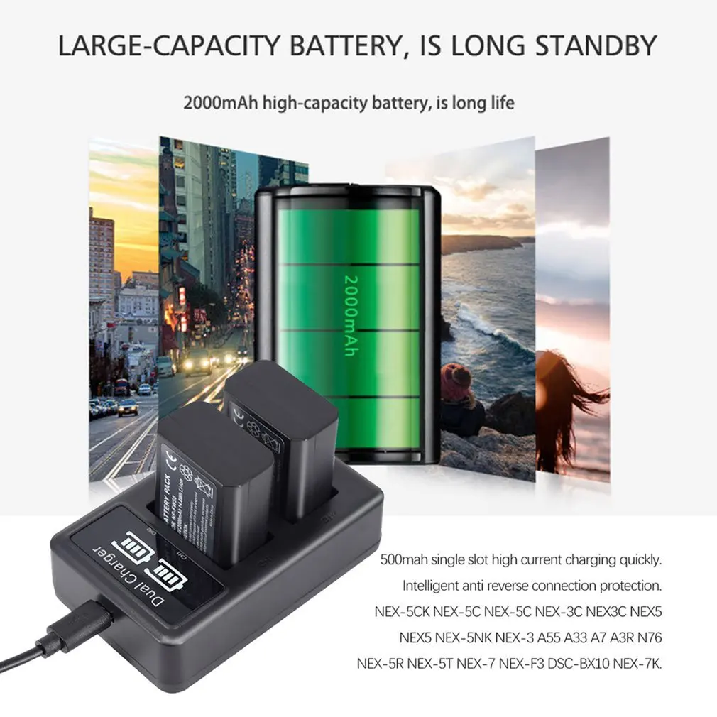 Для Sony 2 шт 2000mAh NP-FW50 NP FW50 батарея камеры + LCD USB двойное зарядное устройство для Alpha