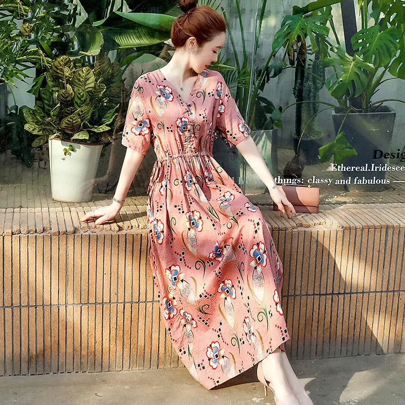 

Women's Dress Summer Spring Style V-Neck Short Sleeve A-Line Women's Dress Clothes Jacquard Green Elegant Female Dress SS3412