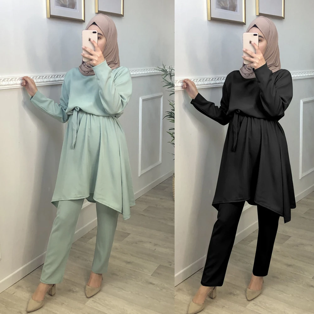 

Модные женские мусульманские комплекты Abaya блузка с длинным рукавом платье брюки исламский Турция молитвенный кафтан винтажный Рамадан ар...