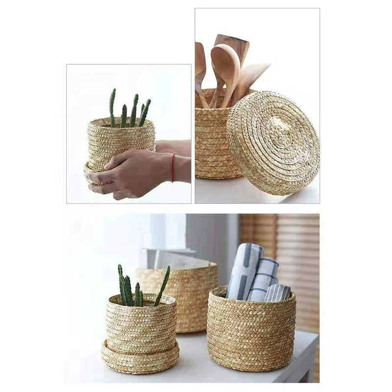 

Straw Woven Storage Basket with Lid Snack Organizer Storage Box Laundry Baskets Rattan Storage Flower Baske