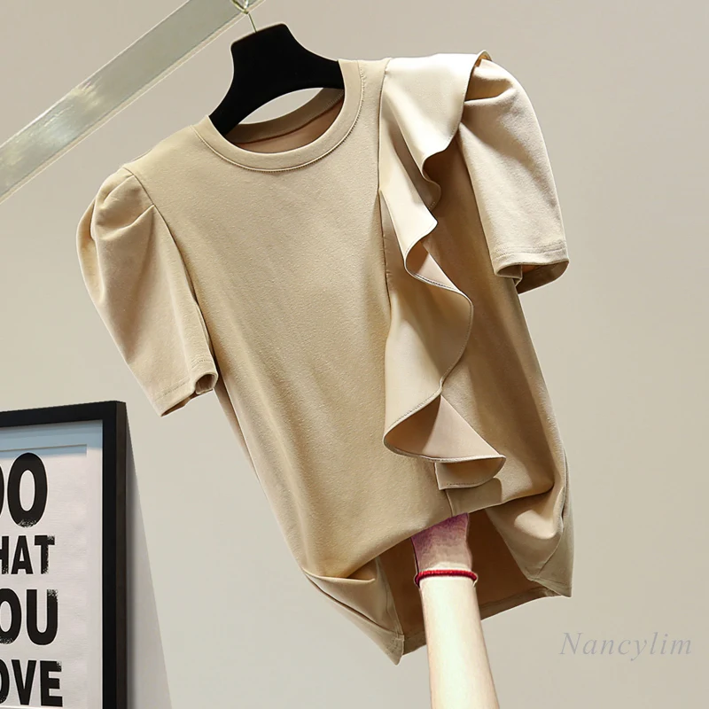 

Ruffled Short Sleeves T-shirt Woman 2021 Summer Korean Style Solid Color Round Neck All-Match Tees Elegant Lady Chic Top