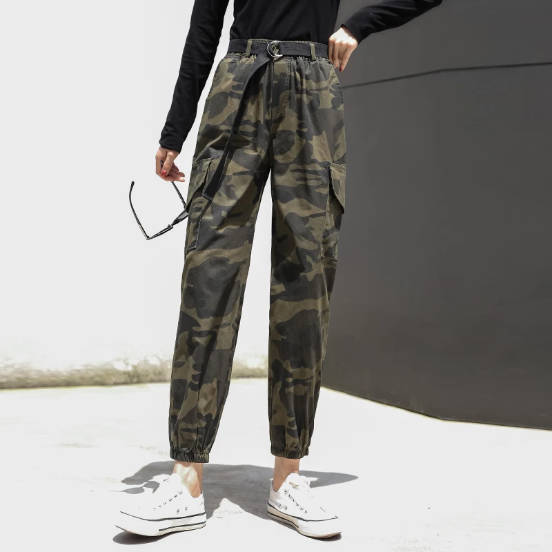 Женские студенческие Длинные свободные камуфляжные брюки с высокой талией