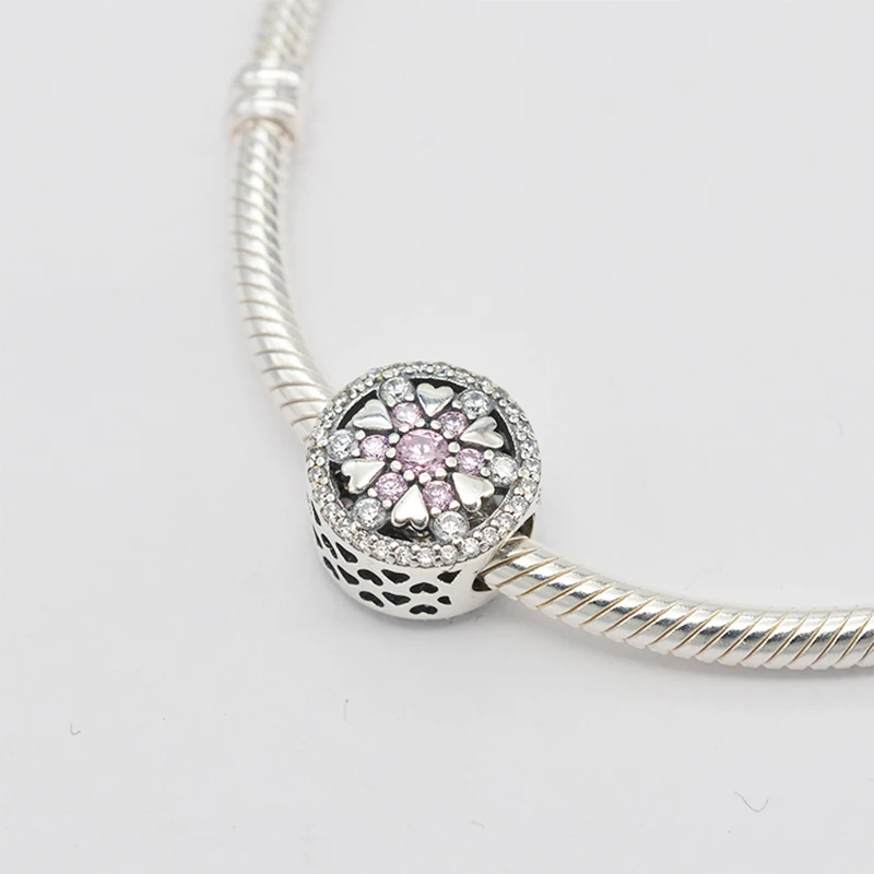 

925 Sterling Silver Round Heart-Shaped Pink Flowers Pendant Charm Bracelet DIY Jewelry Making For Original Pandora