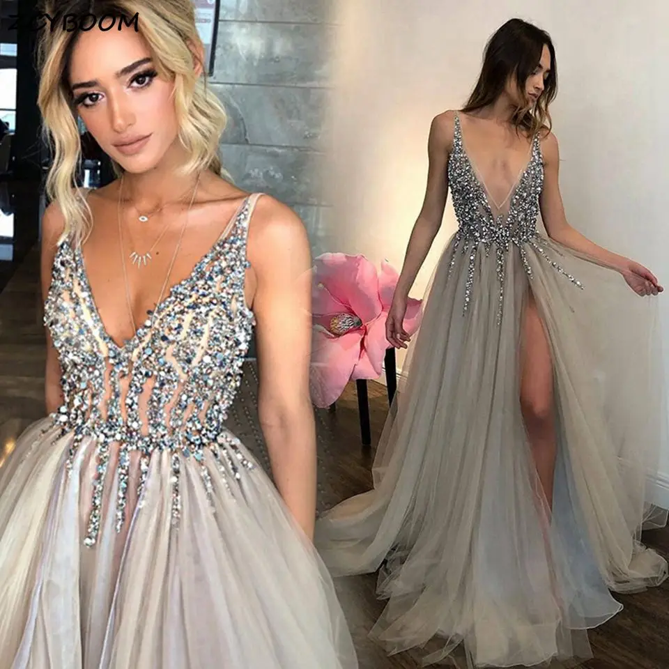 

Gray Split Prom Dress A-Line Beading Sequins Evening Gowns Women Tulle V-Neck Formal Party 2021 Graduation Long Robes De Soirée