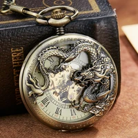 antique hollow chinese dragon sculpture mechanical pocket watch men retro luckly symbol roman skeleton steampunk clock fob chain