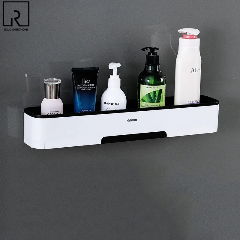

Plastic Bathroom Shelf Wall Mounted Shower Shampoo Holder Towel Bar Hooks Organizer Cosmetic Rack Kitchen Storage Accessories