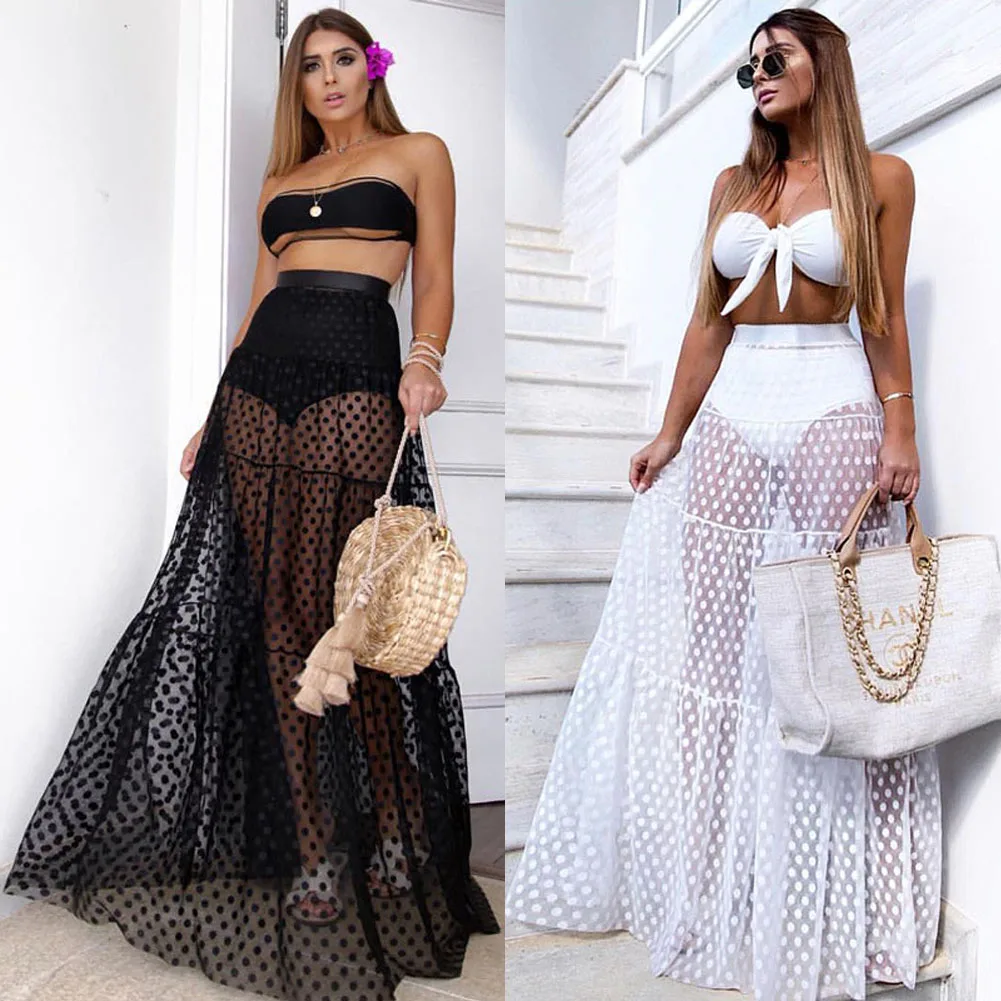 

Купальник женский прозрачный в горошек, плиссированный купальник макси в стиле ретро, накидка на бикини, юбка для купания с эластичным пояс...