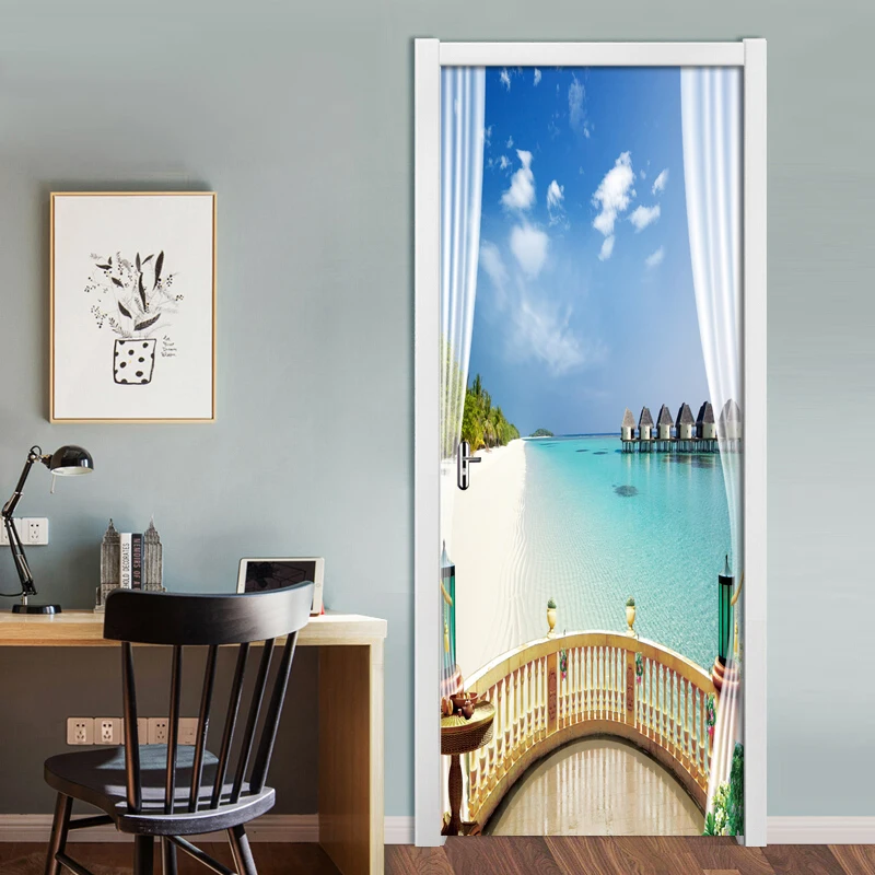 3D наклейка на дверь с видом море и окно настенная роспись художественный плакат