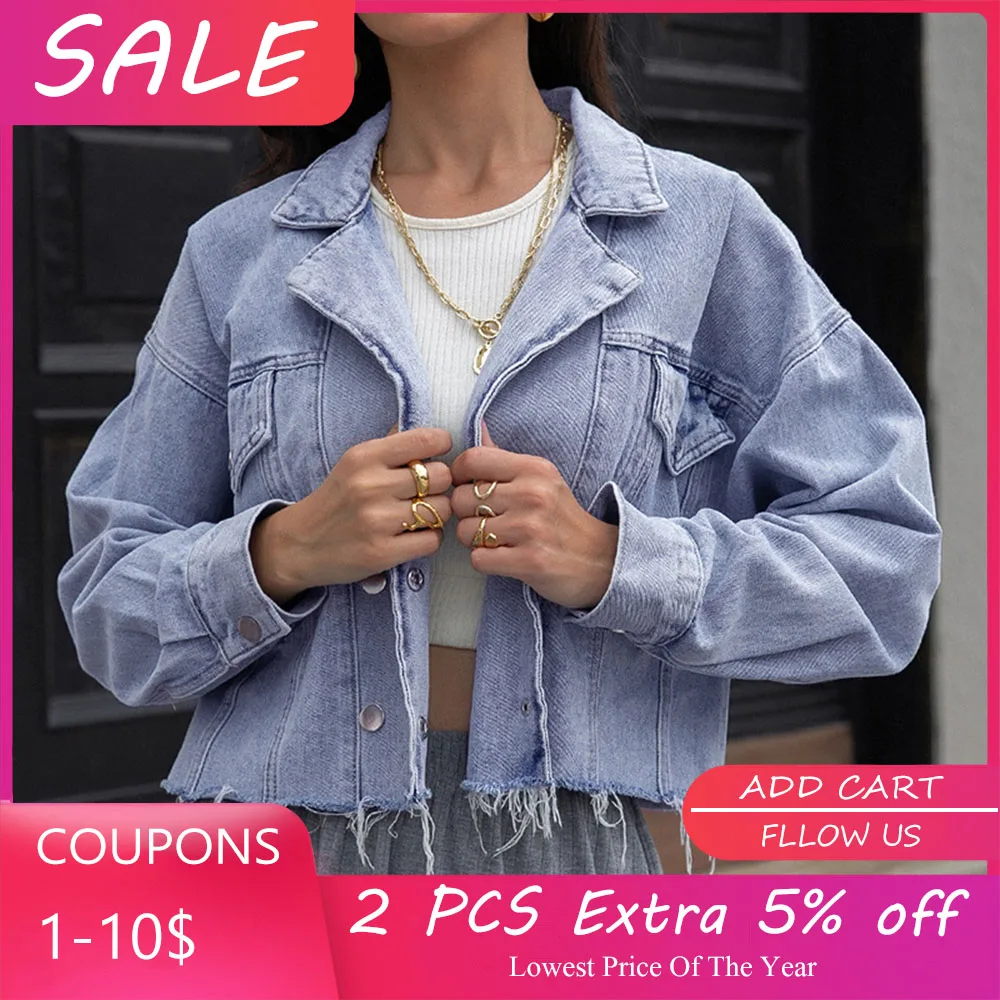 

Женская джинсовая куртка с отложным воротником, однобортный Кардиган с длинным рукавом, Повседневная модная однотонная куртка на осень и з...