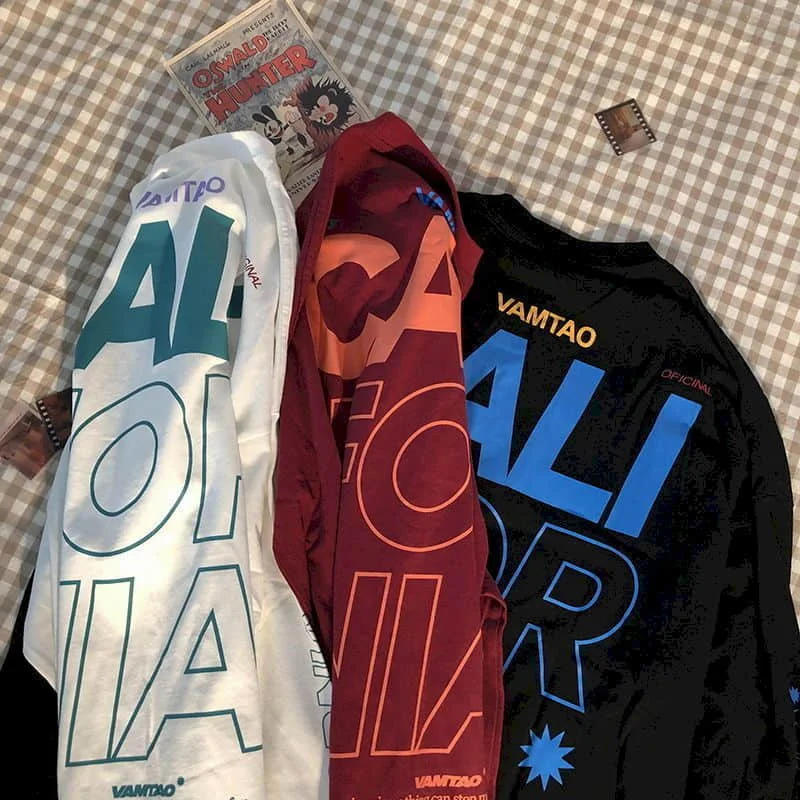 

Men women T-shirt pure cotton long-sleeved Korean loose Harajuku port style English printing spring autumn thin style students