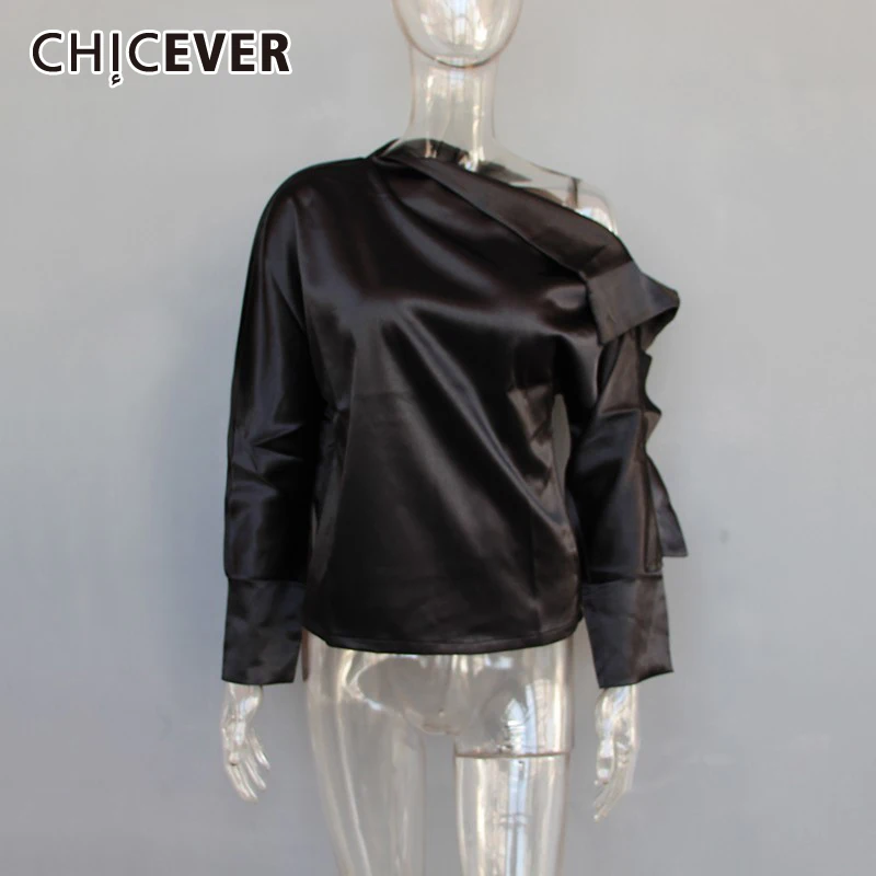 

CHICEVER сексуальные атласные топы с отворотным воротником, женские блузки с открытыми плечами и длинным рукавом с оборками, Весенняя мода 2021, Н...