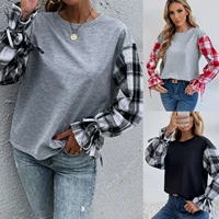 2022 spring autumn new womens loose casual o neck hoodie female fashion plaid long sleeve t shirt lady pullover patchwork tops